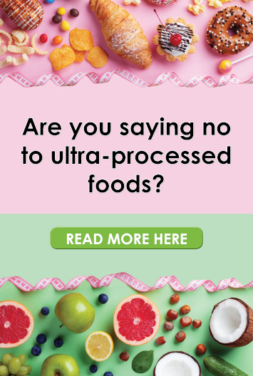 A banner of ultra processed food and healthy green vegetables